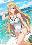  1girl bangs bare_arms bare_shoulders beach blonde_hair blue_sky blush breasts chest_jewel choker cleavage covered_navel cowboy_shot day earrings food fruit gem highres hikari_(xenoblade_2) jewelry kiiro_kimi large_breasts long_hair one-piece_swimsuit outdoors sky smile solo strap_lift swept_bangs swimsuit thigh_strap tiara very_long_hair water watermelon white_choker white_swimsuit xenoblade_(series) xenoblade_2 yellow_eyes 