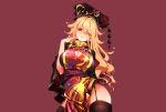  blonde_hair breasts chinese_clothes chinese_dress cleavage garter_belt headdress junko long_hair pointed_ears raptor7 red red_eyes stockings touhou 