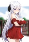  1girl alternate_costume arms_under_breasts azur_lane bangs bare_shoulders belfast_(azur_lane) black_ribbon blue_sky blurry blurry_background breasts cleavage cloud crossed_arms dress eyebrows_visible_through_hair hair_between_eyes hair_ribbon highres large_breasts long_hair off_shoulder outdoors pout purple_eyes quiet red_dress ribbon short_dress sidelocks silver_hair sky standing thighs very_long_hair 