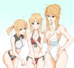  3girls ahoge artoria_pendragon_(all) artoria_pendragon_(swimsuit_archer) artoria_pendragon_(swimsuit_ruler)_(fate) bangs bare_shoulders bikini blonde_hair blush breasts cleavage cleavage_cutout closed_mouth collarbone fate/grand_order fate_(series) gradient gradient_background green_eyes grey_bikini hair_between_eyes highres large_breasts long_hair looking_at_viewer low_ponytail medium_breasts mordred_(fate)_(all) mordred_(swimsuit_rider)_(fate) multiple_girls navel negajo one-piece_swimsuit open_mouth parted_bangs ponytail red_bikini sidelocks small_breasts smile swimsuit thighs white_bikini white_swimsuit 