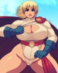  belt blonde_hair blue_eyes blue_gloves breasts cape dc_comics giorno_giovanna gloves highres huge_breasts jojo_no_kimyou_na_bouken leotard long_sleeves looking_at_viewer medium_hair msperoni power_girl red_belt smile spread_legs thick_eyebrows thick_thighs thighs white_leotard wide_hips 