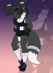  2020 anthro bas big_breasts bottomwear breasts canid canine cleavage clothed clothing exercise eye_scar female fingerless_gloves fox gloves hand_in_hip handwear hi_res legwear mammal muscular muscular_anthro muscular_female red_eyes scar shorts socks solo toughset weightlifting weights workout 