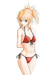  1girl arm_behind_back bangs bare_shoulders bikini blush breasts fate/grand_order fate_(series) food green_eyes hair_ornament hair_scrunchie highres long_hair looking_at_viewer mordred_(fate)_(all) mordred_(swimsuit_rider)_(fate) mouth_hold navel negajo pocky ponytail red_bikini red_scrunchie scrunchie sidelocks simple_background swimsuit thighs white_background 