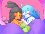  ahoge alyrise anthro bed bedding black_hair blanket blue_hair blush breasts caramel_(basketgardevoir) celeste_(basketgardevoir) curled_tail duo eyes_closed female furniture hair hand_holding lutrine mammal meme mustelid nintendo open_mouth orange_body oshawott pillow pok&eacute;mon pok&eacute;mon_(species) signature sleeping smile substitute_doll suina tepig two_mimir video_games white_body 