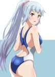  1girl ass bangs bare_shoulders blue_background blue_hair blue_swimsuit blush breasts commentary_request cowboy_shot facing_away gradient_hair grey_eyes hand_on_own_chest hands_up high_ponytail kawasaki_saki leaning_forward lieass long_hair looking_at_viewer looking_back medium_breasts mole mole_under_eye multicolored_hair one-piece_swimsuit open_mouth pink_scrunchie ponytail scrunchie sidelocks simple_background smile solo standing swimsuit two-tone_background very_long_hair white_background yahari_ore_no_seishun_lovecome_wa_machigatteiru. 