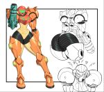  1girl armor ass ass_focus blush full_armor glowing gun hand_on_own_face heart helmet metroid mossy pauldrons samus_aran science_fiction shoulder_armor simple_background solo standing thick_thighs thighs weapon white_background 