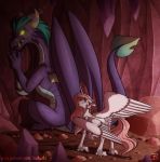  dragon equid friendship_is_magic gaius_(mlp) glowing glowing_eyes green_eyes hair hasbro hi_res horn inuhoshi-to-darkpen mammal my_little_pony pink_hair princess_celestia_(mlp) scales sharp_teeth smoke story story_in_description teeth winged_unicorn wings 