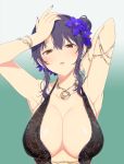  armlet armpits bikini black_dress black_hair breasts cleavage dress floral_print flower hair_bun hair_flower hair_ornament hand_behind_head hand_on_own_head highres large_breasts mole mole_on_breast nail_polish senran_kagura suzune_(senran_kagura) swimsuit upper_body yaegashi_nan 