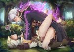  1boy 1girl arched_back aura barefoot blush breasts cleavage clothed_sex coat evomanaphy fire_emblem fire_emblem_heroes gloves grima_(fire_emblem) heart hetero highres hood kiran_(fire_emblem) leg_lock looking_at_another missionary open_mouth outdoors pinned sex silver_hair 