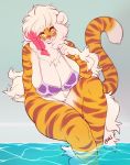  2020 5_fingers amber_eyes anthro big_breasts bikini breasts buxbi buxbi_(character) clothed clothing felid female fingers hair huge_breasts looking_at_viewer mammal multicolored_hair pantherine partially_submerged pink_hair pink_nose smile solo stripes swimwear tiger two_tone_hair water white_hair 