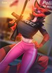  2020 5_fingers anthro big_breasts breasts bulletproof_vest day detailed_background digital_media_(artwork) eyewear female fingers glasses holding_gun holding_object holding_weapon incineroar kammi-lu midriff navel nintendo outside pok&eacute;mon pok&eacute;mon_(species) police sky smile solo video_games weapon yoga_pants 