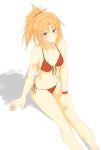 1girl absurdres bangs bare_shoulders bikini blush braid breasts closed_mouth collarbone fate/grand_order fate_(series) french_braid green_eyes hair_ornament hair_scrunchie highres legs long_hair looking_at_viewer mordred_(fate)_(all) mordred_(swimsuit_rider)_(fate) navel negajo parted_bangs ponytail red_bikini red_scrunchie scrunchie sidelocks sitting small_breasts swimsuit thighs 