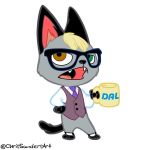  1:1 2020 animal_crossing anthro black_eyes black_nose blonde_hair brown_eyes chris_sanders clothed clothing cup domestic_cat eyewear fangs felid feline felis fur glasses green_eyes grey_body grey_fur hair hand_on_hip heterochromia holding_mug holding_object mammal necktie nintendo raymond_(animal_crossing) simple_background solo standing topwear vest video_games white_background 