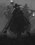  3boys bloodborne cape cloak coat death english_text fire gloves glowing glowing_eyes greyscale hat hat_over_one_eye highres holding holding_scythe holding_sword holding_torch holding_weapon hunter_(bloodborne) hunting monochrome multiple_boys outdoors over_shoulder scythe shaded_face signature standing sword torch torn_cape torn_cloak torn_clothes tripdancer walking weapon weapon_over_shoulder 