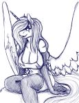  anthro big_breasts breasts cleavage clothed clothing equid gingersnaps_(oc) hasbro hi_res horn mammal monochrome my_little_pony scar sitting snickerlewdles winged_unicorn wings 