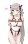  1girl absurdres arms_behind_back azur_lane bdsm blush bondage bound bound_arms breast_bondage breasts collarbone commentary_request competition_swimsuit cowboy_shot crotch_rope earrings eyebrows_visible_through_hair formidable_(azur_lane) grey_hair heart highres jewelry long_hair looking_at_viewer medium_breasts nail_polish one-piece_swimsuit red_eyes restrained ribbon rope shibari shibari_over_clothes simple_background skindentation solo speech_bubble spoken_heart standing swimsuit thigh_gap twintails two-tone_ribbon very_long_hair white_background yuuraku_yuraku 