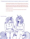  anthro big_breasts breasts cleavage clothed clothing crossed_legs dialogue duo english_text equid equine eye_contact female friendship_is_magic gingersnaps_(oc) hasbro hi_res horn jewelry looking_at_another mammal my_little_pony necklace princess_luna_(mlp) simple_background snickerlewdles text unicorn white_background wide_hips 