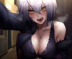  1girl bangs bare_shoulders black_dress blue_coat blue_jacket blush breasts breath cleavage coat dress expulse eyebrows_visible_through_hair fangs fate/grand_order fate_(series) full-length_zipper fur-trimmed_coat fur-trimmed_jacket fur_collar fur_trim hair_between_eyes jacket jeanne_d&#039;arc_(alter)_(fate) jeanne_d&#039;arc_(fate)_(all) jewelry large_breasts necklace off_shoulder open_clothes open_coat open_jacket open_mouth pale_skin self_shot short_hair silver_hair sweat wicked_dragon_witch_ver._shinjuku_1999 yellow_eyes zipper 