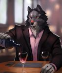  5_fingers alcohol anthro beverage biped blurred_background canid canine canis claws clothed clothing fangs fenris_(zephyxus) fingers fur grey_body grey_fur holding_object male mammal multicolored_body multicolored_fur open_mouth scar solo teeth white_body white_fur wine wolf zephyxus 