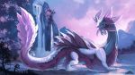  16:9 ambiguous_gender aquatic_dragon blue_eyes blue_glow bubble capcom chromamancer claws cliff cloud detailed_background digitigrade dragon fangs feral fur hi_res leaf leviathan_(mh) long_neck long_tail looking_back marine membrane_(anatomy) mizutsune monster_hunter mountain open_mouth partially_submerged purple_body purple_fur quadruped scales scalie shaded sharp_teeth sky solo sunrise teeth toe_claws tongue translucent translucent_membrane tree vene video_games water waterfall white_body white_scales widescreen wingless_dragon 