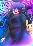  1girl ahoge al_bhed_eyes artist_name big_hair black_dress black_sweater blush breasts character_name colorful commentary_request cowboy_shot crosshatching curly_hair d: dress dripping eyelashes fat_mons flipped_hair frilled_sleeves frills from_below gen_1_pokemon gen_7_pokemon gen_8_pokemon gengar gigantamax gigantamax_gengar grabbing_own_thigh hair_between_eyes hair_over_one_eye hairband hakkasame halftone halftone_texture hex_maniac_(pokemon) highres large_breasts layered_dress long_dress long_hair looking_at_another looking_away looking_down looking_to_the_side messy_hair mimikyu no_pupils open_mouth plump pokemon pokemon_(game) pokemon_xy purple_eyes purple_hairband ribbed_sweater shaded_face shiny shiny_hair sidelocks spider_web_print sweat sweater sweater_dress taut_clothes taut_dress tight tongue unmoving_pattern very_long_hair wavy_mouth 