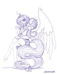  anthro big_breasts bottomwear breasts cleavage cleavage_cutout clothed clothing crossed_legs equid eyewear feathered_wings feathers female gingersnaps_(oc) glasses hasbro hi_res horn mammal monochrome my_little_pony sitting skirt snickerlewdles solo winged_unicorn wings 