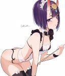  1girl bangs bare_shoulders bikini black_bikini black_legwear bob_cut breasts brooch collarbone eyeliner fate/grand_order fate_(series) headpiece horns jewelry leaning_forward licking_lips looking_at_viewer maid_headdress makeup micro_bikini oni oni_horns oni_noodle purple_eyes purple_hair revealing_clothes short_hair shuten_douji_(fate/grand_order) skin-covered_horns small_breasts smile swimsuit thighhighs thighs tongue tongue_out 