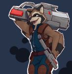  anthro black_body black_ears black_fur black_tail clothed clothing fully_clothed fur guardians_of_the_galaxy holding_object holding_weapon mammal marvel multicolored_body multicolored_fur multicolored_tail oleo pink_tongue procyonid raccoon rocket_raccoon solo teeth tongue weapon weapon_on_shoulder 