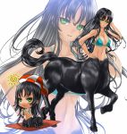  1girl bangs bare_shoulders beach_mat bikini bikini_top black_hair breasts centaur chibi chibi_inset cleavage collarbone commentary commission cup drink eyebrows_behind_hair full_body green_bikini green_eyes groin hair_between_eyes hand_on_hip hand_up head_tilt holding holding_cup hooves horse_tail kein_hasegawa large_breasts long_hair looking_at_viewer looking_to_the_side midriff monster_girl multiple_legs navel original parted_lips shadow sidelocks simple_background sitting smile standing standing_on_three_legs sun swimsuit tail umbrella uwu white_background zoom_layer 