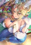  1girl animal_ears artoria_pendragon_(all) artoria_pendragon_(swimsuit_ruler)_(fate) bangs bare_shoulders blue_legwear blue_neckwear blush braid breasts bunny_ears bunny_tail bunnysuit card casino_card_table cleavage detached_collar fate/grand_order fate_(series) feather_boa fishnet_legwear fishnets french_braid hair_between_eyes highleg highleg_leotard large_breasts leotard long_hair looking_at_viewer navel_cutout playing_card ponytail sidelocks smile sparkle tail thighs tiara white_leotard wrist_cuffs yoshimoto_(dear_life) 