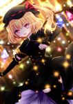  1girl alternate_costume black_dress black_headwear black_legwear blonde_hair blurry blurry_background commentary_request crystal detached_sleeves double-breasted dress eyebrows_visible_through_hair flandre_scarlet flat_chest hair_between_eyes leg_up light_particles looking_at_viewer medium_hair nanase_nao open_mouth outstretched_arm red_eyes short_sleeves side_ponytail solo thighhighs touhou wings 