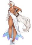  1girl absurdres animal_ears aqua_eyes armlet ass bangs blush breasts cat_ears cat_tail character_request commission dark_skin dress dungeon_and_fighter gogoco hand_on_hip high_heels highres large_breasts long_hair looking_at_viewer looking_back sideboob solo tail white_dress white_hair 