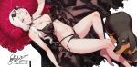  1girl animal armpits bangs bare_arms bare_shoulders barefoot black_bra black_choker black_panties bra breasts carmilla_(fate/grand_order) choker cleavage dog eyewear_on_head fate/grand_order fate_(series) highres large_breasts long_hair looking_at_viewer lying multi-strapped_panties navel on_back panties parted_bangs pillow salmon88 side-tie_panties solo stomach string_bra string_panties sunglasses thighs tongue tongue_out underwear underwear_only untied untied_panties white_hair yellow_eyes 