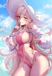  1girl artist_name azur_lane bangs bare_shoulders blonde_hair blue_sky blush breasts closed_mouth cloud commentary_request covered_navel cowboy_shot dated day eyebrows_visible_through_hair finger_to_cheek frills groin hair_between_eyes hat highleg highres hip_focus index_finger_raised large_breasts lens_flare lips long_hair long_sleeves looking_at_viewer off_shoulder one-piece_swimsuit outdoors pink_eyes richelieu_(azur_lane) richelieu_(flagship_in_the_sea_breeze)_(azur_lane) sideboob sidelocks sky solo sparkle standing sun_hat swimsuit tacco_(tikeworld) thighs untied wet 