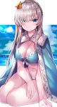  &gt;:) 1girl absurdres anastasia_(fate/grand_order) beeyan blue_eyes blush breasts cape cleavage commentary eyebrows_visible_through_hair eyes_visible_through_hair fate/grand_order fate_(series) hair_ornament hair_over_one_eye highres large_breasts long_hair looking_at_viewer navel ocean silver_hair sitting smile solo 