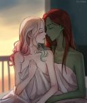  2girls batman_(series) blanket blonde_hair closed_eyes dc_comics green_skin hair_dye harley_quinn highres imminent_kiss lipstick long_hair makeup multicolored_hair multiple_girls nude pale_skin poison_ivy red_hair smeared_lipstick tcn_tancha two-tone_hair yuri 