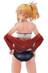  1girl ass back bandeau bangs bare_shoulders belt blush braid breasts denim denim_shorts fate/apocrypha fate_(series) french_braid green_eyes hair_ornament hair_scrunchie highres jacket jewelry long_hair long_sleeves looking_to_the_side mordred_(fate) mordred_(fate)_(all) necklace off_shoulder open_clothes open_jacket open_mouth ponytail red_jacket red_scrunchie scrunchie shorts simple_background small_breasts sumisu_(mondo) thighs 