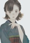  1girl arm_up asymmetrical_bangs bangs black_hair brown_eyes closed_mouth fingernails green_kimono hand_up japanese_clothes kimono looking_at_viewer matayoshi original pale_skin sash short_hair simple_background solo translation_request upper_body white_background 