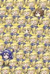  &gt;:) &gt;_&lt; 6+girls :d ahoge blonde_hair blue_eyes blue_hair brown_hair eyebrows_visible_through_hair hairband huge_ahoge itsuka_neru jitome linne mika_(under_night_in-birth) multiple_girls multiple_persona open_mouth orie_(under_night_in-birth) smile sweatdrop twintails under_night_in-birth white_hairband 