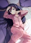  1girl akatsuki_(kantai_collection) bangs bed blanket blush eyebrows_visible_through_hair food_print kantai_collection long_hair long_sleeves lying mofu_namako on_back pajamas pillow pink_pajamas purple_eyes purple_hair sleepwear solo strawberry_print tears waking_up 