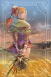  1girl absurdres aisha_(saga) border bracelet braid earrings f25f frilled_skirt frills grass green_eyes hat highres holding interlocked_fingers jewelry long_sleeves looking_at_viewer orange_hair romancing_saga saga shawl skirt solo_focus star_(sky) sunset thighs 