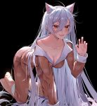 1girl absurdres all_fours animal_ears animal_print black_background breasts brown_pajamas cat_ears cat_print cleavage collarbone commentary_request cqingwei eyebrows_visible_through_hair hair_between_eyes hanekawa_tsubasa highres large_breasts long_hair long_sleeves looking_at_viewer monogatari_(series) pajamas red_eyes simple_background solo tongue tongue_out very_long_hair 