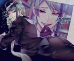  1boy bangs black_hair collared_shirt earrings gloves green_hair heterochromia jacket jade_leech jewelry long_sleeves looking_at_viewer male_focus multicolored_hair narrow_waist sharp_teeth shirt smile solo streaked_hair teeth twisted_wonderland uehara_(higanbachi) white_shirt yellow_eyes 