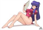  1girl arm_support bangs barefoot breasts china_dress chinese_clothes closed_mouth covered_nipples donburikazoku double_bun dress english_commentary eyelashes floral_print hair_ornament highres holding knees_up large_breasts long_hair looking_at_viewer no_bra puffy_sleeves purple_hair ranma_1/2 red_eyes shadow shampoo_(ranma_1/2) simple_background sitting smile solo thighs white_background 