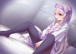  1girl ainu_clothes bangs blush bow breasts fate/grand_order fate_(series) grey_hair grey_legwear hairband highres japanese_clothes kimono knees_up legs long_hair marugoshi_(54burger) off_shoulder open_mouth pantyhose purple_bow purple_hairband red_eyes sidelocks sitonai sitting small_breasts spread_legs white_kimono wide_sleeves 