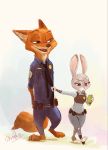  2020 anthro barefoot belt bottomwear canid canine clothed clothing disney duo fox fully_clothed fur grey_body grey_fur hi_res holding_object judy_hopps lagomorph leporid mammal monmokamoko necktie necktie_pull nick_wilde notebook open_mouth open_smile orange_body orange_fur pants police_uniform rabbit red_fox shirt simple_background smile topwear uniform walking zootopia 