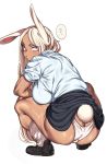  1girl ? alternate_costume alternate_skin_color animal_ears ass black_footwear black_skirt blue_shirt blush boku_no_hero_academia breasts bunny_ears bunny_tail butt_crack collared_shirt constricted_pupils dark_skin ear_down expressionless eyebrows_visible_through_hair fat_mons from_behind full_body highleg highleg_panties highres huge_breasts long_hair looking_at_viewer looking_back loose_socks mirko muscle muscular_female panties pink_eyes reflective_eyes shiny shiny_clothes shiny_skin shirt simple_background skirt skirt_lift solo spoken_question_mark squatting tail thick_thighs thighs underwear urec very_long_hair white_background white_hair white_legwear white_panties 
