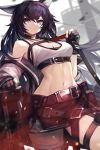  1girl animal_ears arknights armpits bare_shoulders belt belt_pouch black_gloves black_hair black_skirt blaze_(arknights) blue_eyes blurry breasts cleavage closed_mouth cowboy_shot crop_top depth_of_field gloves goomrrat hairband hand_up highres holding jacket large_breasts long_hair long_sleeves looking_at_viewer midriff miniskirt multiple_belts navel off_shoulder open_clothes open_jacket partly_fingerless_gloves pouch shirt skirt sleeveless sleeveless_shirt smile solo standing stomach strap tank_top thighhighs very_long_hair white_jacket white_shirt zettai_ryouiki 