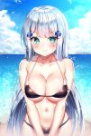  1girl bare_arms bare_shoulders beach bikini black_bikini blue_sky blush breasts cleavage closed_mouth cloud cloudy_sky collarbone cowboy_shot cross_hair_ornament day facial_mark frown girls_frontline green_eyes hair_ornament halter_top halterneck hinaki_(hinaki_0102) hk416_(girls_frontline) horizon large_breasts lens_flare long_hair looking_at_viewer navel ocean outdoors revision silver_hair sky solo stomach sunlight swimsuit v-shaped_eyebrows v_arms very_long_hair water 
