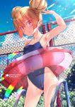  1girl aisaka_taiga armpits bare_shoulders blue_swimsuit blush breasts brown_hair cameltoe cherry_blossoms cloud commentary double_bun fence highres lens_flare looking_at_viewer one-piece_swimsuit patreon_username pool_ladder school school_swimsuit small_breasts swimsuit sydus toradora! 